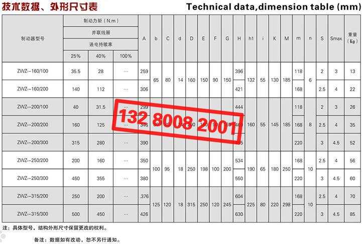 ZWZ3系列直流電磁鼓式制動(dòng)器技術(shù)數(shù)據(jù)、外形尺寸表